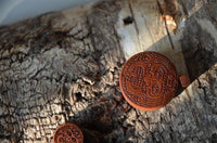 Load image into Gallery viewer, A close-up of rough tree bark displays two Sawoholz Holz Flesh Plug braun Gravur Gesicht Krieger medallions with intricate designs, sunlight highlighting their organic wood craftsmanship and detailed engraving.
