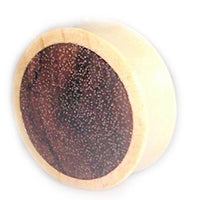 Load image into Gallery viewer, A double-flared, round Unisex Holz Plug Flesh Tunnel crafted from light and dark teak wood with an inlay, featuring a button-like dark brown center with dot texture, shown against a white background.
