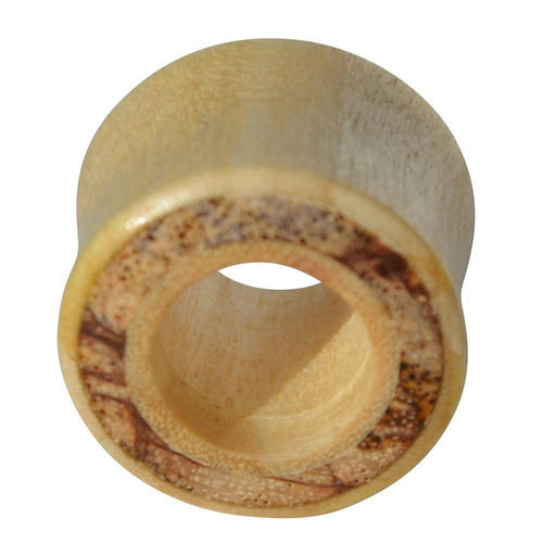 A close-up of the heller Tunnel Crocodile Holz with a dunkles Rangholz Inlay Tunnel Rim, highlighting its smooth cylindrical shape and unique Tribal Holz design.