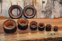 Load image into Gallery viewer, Seven hand-carved Holz Tunnel Eisenholz Rotholz schwarz braun ear gauges in various sizes are lined up on a wooden surface by a ruler, with two more standing upright in the background.
