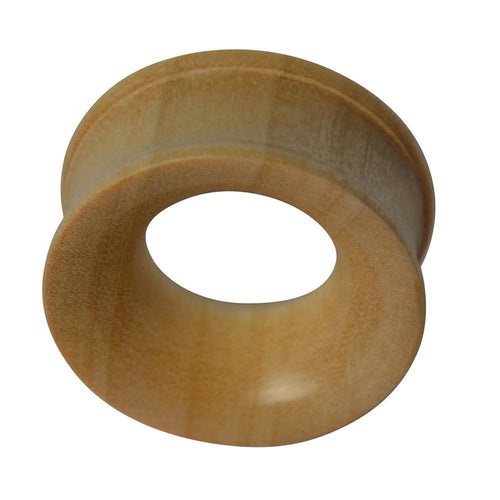 A ribbed, light brown Holz Flesh Tunnel Krokodilholz Plug for gedehnte Ohren, featuring a wide outer edge and hollow center, is shown at an angle against a white background.