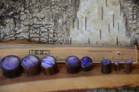 Load image into Gallery viewer, A row of Holz Plug Sonoholz lila schillernd Resin Inlay double flared plugs, featuring purple tops and lila resin, is lined up by size beside a clear ruler on wood, with tree bark in the background.
