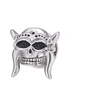 Load image into Gallery viewer, The Edelstahl Plug silber Farben is a thin screw plug shaped like a Totenkopf Viking helmet skull, featuring black eye sockets and detailed teeth, displayed against a plain white background.

