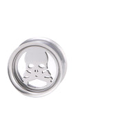 Load image into Gallery viewer, The Tunnel Schraubplug Edelstahl dünn silber Totenkopf showcases a sleek, round silver design with a bold skull and crossbones cutout at its center, set against a white background.
