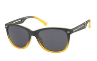 Cargar imagen en el visor de la galería, The Sonnenbrille Nerd Atzenbrille getönt 400UV grau zweifarbig is a unisex pair with black frames fading to yellow, dark tinted lenses, and yellow-tipped arms, displayed on a white background.
