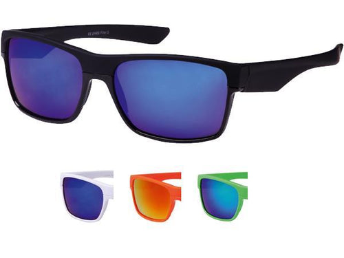 Four pairs of Sonnenbrille Nerd Sportbrille bunt verspiegelt 400 UV schmal are shown: a main black pair with blue mirrored lenses above, and three retro style pairs—white, orange, and green—below. All have 400 UV protection.