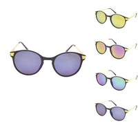 Load image into Gallery viewer, Five Sonnenbrille rund Vintage Panto 400UV in John Lennon Stil are displayed, each with black frames, golden Metallbügel, and mirrored lenses in blue, yellow, pink, green, and brown, all offering 400UV protection.
