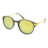 Load image into Gallery viewer, Die Sonnenbrille rund Vintage Panto 400UV im John Lennon Stil besitzt schwarze Rahmen, goldene Metallbügel und gelb verspiegelte Gläser – stilvoller UV-Schutz auf weißem Hintergrund.
