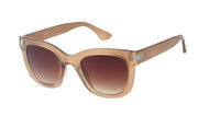 Load image into Gallery viewer, The Sonnenbrille Cat Eye Stil Damen features wide, vintage-inspired, light brown translucent frames and gradient brown lenses with 400UV protection, shown on a white background.

