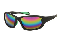 Load image into Gallery viewer, The Sonnenbrillen Radbrille Sportbrillen features black frames, rainbow-mirrored lenses, and green rubber accents, offers 400 UV protection, and is showcased on a white background.
