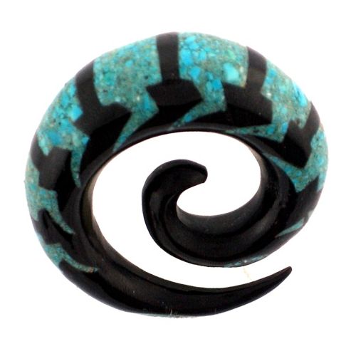 Tribal Buffalo Horn Piercing Expander, schwarze Spirale mit türkisfarbenem Inlay, 6mm,  Plug, Tunnel, Ohrring, Ohrhänger, Ohrstecker