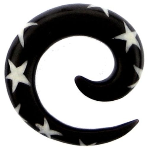 Tribal Buffalo Horn Piercing Expander, schwarze Spirale mit weißen Sternen, 12mm Ohrring aus Büffelhorn, Plug, Tunnel, Ohrhänger, Ohrstecker