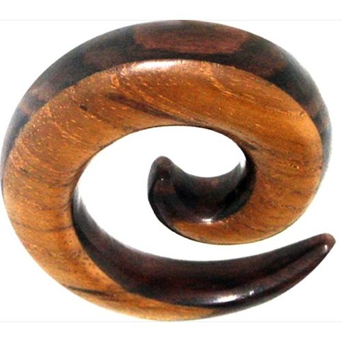 Tribal Holz Pircing Expander, Spirale mit dunkelbraun-hellbraunem Muster, aus Teak- und Sonoholz, 6mm, Plug, Tunnel, Ohrhänger, Ohrstecker