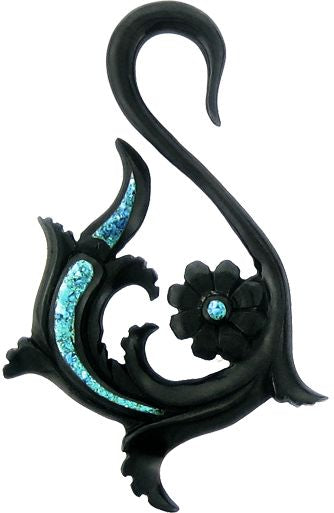Tribal Buffalo Horn Piercing, schwarze Hookspirale mit türkisfarbenem Inlay, handgeschnitzt aus Büffelhorn, 6mm, Plug, Tunnel, Expander, Ohrhänger, Ohrstecker
