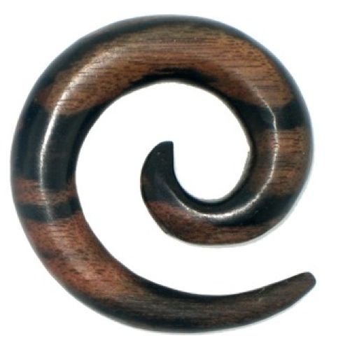The Tribal Holz Piercing Expander Spirale in dark brown Sonoholz features smooth curves, a polished finish, and a stylish pattern—ideal as a plug, tunnel, or ear hanger.