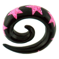 Cargar imagen en el visor de la galería, Tribal Buffalo Horn Piercing Expander, schwarze Spirale mit pinkfarbenen Sternen, 8mm,  Plug, Tunnel, Ohrring, Ohrhänger, Ohrstecker
