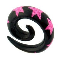 Cargar imagen en el visor de la galería, Tribal Buffalo Horn Piercing Expander, schwarze Spirale mit pinkfarbenen Sternen, 6mm,  Plug, Tunnel, Ohrring, Ohrhänger, Ohrstecker
