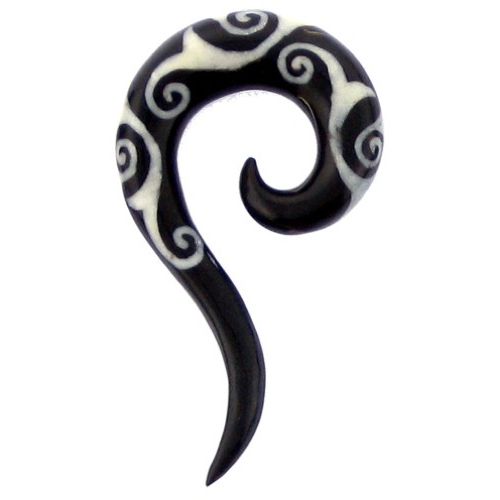 Tribal Buffalo Horn Piercing Expander, schwarze Thai-Spirale mit weißem Spiralenmuster , 12mm Ohrring aus Büffelhorn, Plug, Tunnel, Ohrhänger, Ohrstecker