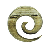 Load image into Gallery viewer, The Tiger Muster Holz Dehnschnecke Spirale Piercing is a carved wooden spiral pendant with a smooth, light brown finish and natural dark wood grain, curling outward to a point—ideal for a tribal-style Holz Piercing look.

