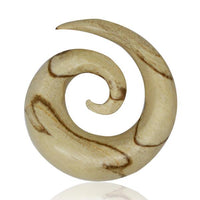 Load image into Gallery viewer, The Tiger Muster Holz Dehnschnecke Spirale Piercing features a spiral shape in light brown wood with natural dark streaks, a smooth polished surface, and an organic texture, perfect as a tribal earring or dehnschnecke.
