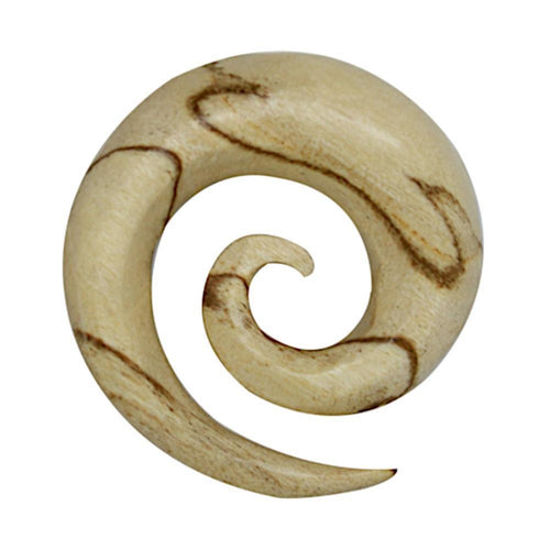 A Tiger Muster Holz Dehnschnecke Spirale Piercing featuring a spiral shape, light wood with natural brown streaks, and a smooth finish for a unique tribal look.