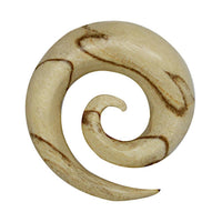 Load image into Gallery viewer, A Tiger Muster Holz Dehnschnecke Spirale Piercing featuring a spiral shape, light wood with natural brown streaks, and a smooth finish for a unique tribal look.
