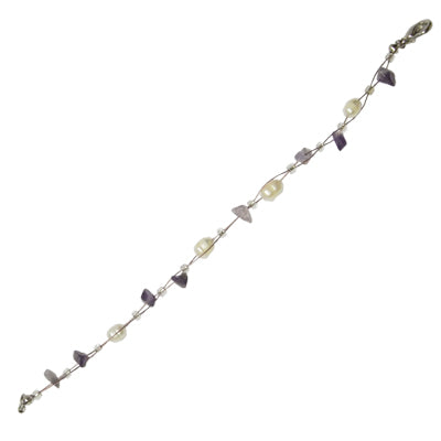 Stone chips, pearls, white and purple, women's bracelet with lobster clasp, 18cm, nickel-free