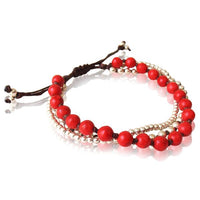 Cargar imagen en el visor de la galería, Armband dreilagig Koralle rot Messing Perlen Baumwolle gewachst braun nickelfrei verstellbar
