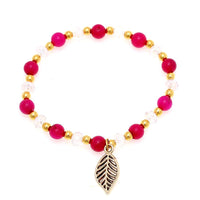 Load image into Gallery viewer, Brass Armband golden Achat pink Perlen Kristalle weiß Blatt Charm verstellbar facettiert

