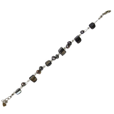 Blue and grey mother-of-pearl chip bracelet for women, 18-20 cm adjustable, nickel-free, lobster clasp