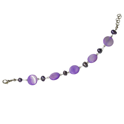Mother-of-pearl bracelet, purple beads, discs, women's, lobster clasp, nickel-free, 18cm-20cm