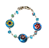 Load image into Gallery viewer, Muranoglas Glasperlen Armband hell blau bunt Blumen Glitzer nickelfrei 18-20 cm
