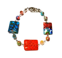 Load image into Gallery viewer, Muranoglas Glasperlen Perlen Armband Damen 18-20 cm blau orange bunt Blumen nickelfrei
