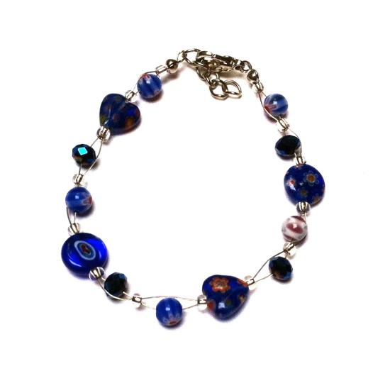 Muranoglas Glasperlen Perlen Armband Damen 18-20 cm blau Blumen Herz nickelfrei