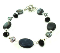 Load image into Gallery viewer, Glitzer Perlmutt Armband schwarz grau oval Perlen Scheiben Damen Karabiner nickelfrei 18cm-20cm
