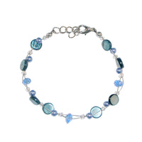 Load image into Gallery viewer, Glitzer Perlmutt Armband blau grau Perlen Scheiben rund Karabiner nickelfrei 18cm-20cm
