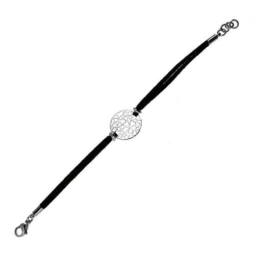 This Brass Armband features a 16 cm adjustable black leather band, a 20 mm filigree floral Anhänger, and secure lobster claw clasps.