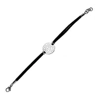 Load image into Gallery viewer, This Brass Armband features a 16 cm adjustable black leather band, a 20 mm filigree floral Anhänger, and secure lobster claw clasps.
