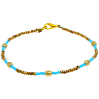 Cargar imagen en el visor de la galería, Messing Armband Zylinder gewölbt hellblau golden nickelfrei Perlen antik Tribal 23,5 cm Karabiner
