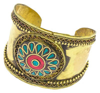 Load image into Gallery viewer, Messing Armreif gold Raute Wellen grün Malachit rot Jaspis Stein breit nickelfrei verstellbar antik
