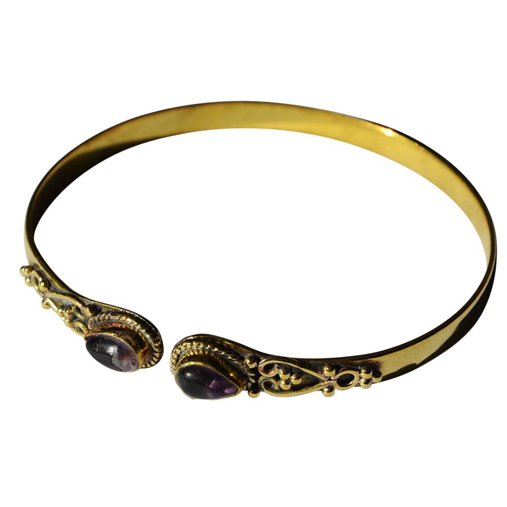 Messing Armreif gold Amethyst Tropfen verstellbar verziert