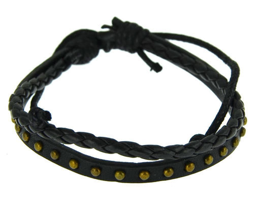 Adjustable braided leather bracelet with brass rivets