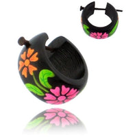 Load image into Gallery viewer, Holzcreolen Pin-Ohrringe Pin-Creolen Kokosholz Harz Damen Schmuck Blumen Pink Orange Grün
