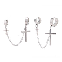 Load image into Gallery viewer, Edelstahl Creolen Helix silberfarben feine Verbinungskette Kreuz Anhänger Klippverschluss
