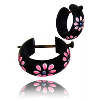 Load image into Gallery viewer, Holzcreolen Pin-Ohrringe Pin-Creolen Kokosholz Harz Damen Schmuck Dunkel Blumen Pink
