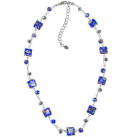 Cargar imagen en el visor de la galería, Damen Kette Halskette Muranoglas Blumen Rechteck Perlen Glasperlen blau silber 42-48 cm nickelfrei
