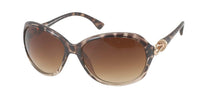 Load image into Gallery viewer, The Sonnenbrille Damen Designer Brille Schlaufe Metall Glamour Style features a brown tortoiseshell pattern, gradient brown lenses with 400UV protection, and chic gold accents on the temples, shown on a white background.
