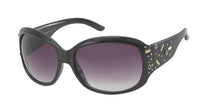 Load image into Gallery viewer, The Sonnenbrille Damen Nieten Muster Designer Brille features a broad, black oversized frame, gradient 400UV-tinted lenses, and gold-silver stud accents on the arms for a glamorous touch, shown on a white background.
