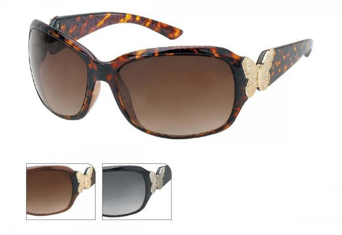 Die Sonnenbrille Damen Glamour getönt 400UV Schmetterlinge Bügel oval groß hat einen Tortoiseshell-Rahmen, braune Verlaufsgläser, goldene Schmetterlingsverzierung und bietet UV400-Schutz. Abbildungen zeigen sie auch in Schwarz und Braun.