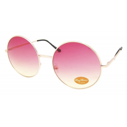 The Sonnenbrille rund Glamour golden XL Oversize features thin gold frames, pink gradient lenses, UV-Schutz 400, “Ring Master Vintage” sticker, and classic black arm tips—a stylish John Lennon-inspired vintage look.